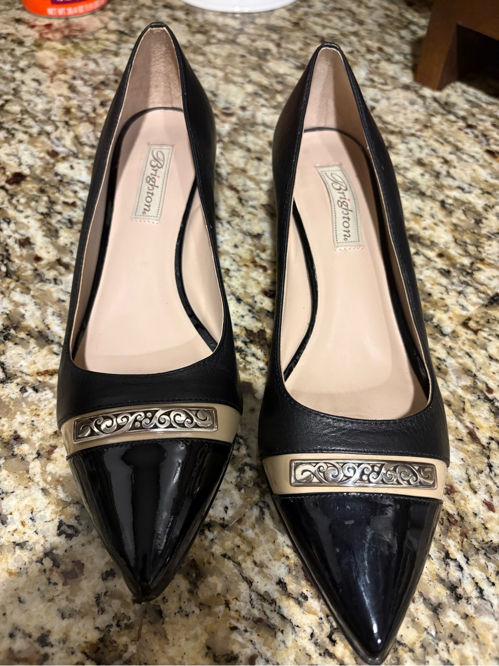 Brighton FLIRT Black and Beige Pointed Toe Pumps with Silver Accent
